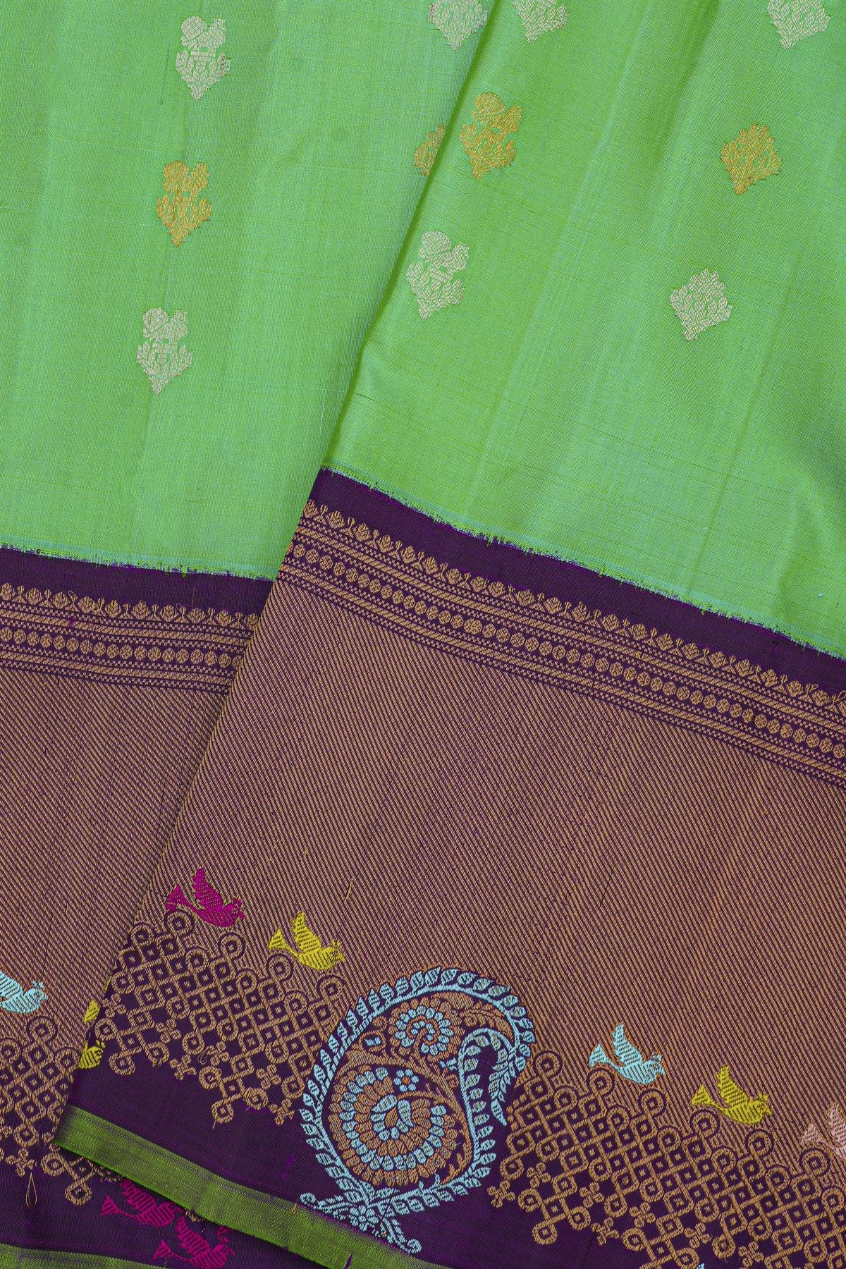 Gadwal Silk Lime Green Saree With Cross Lines Birds Zari Border