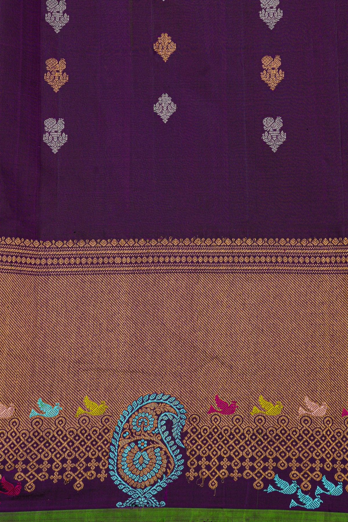 Gadwal Silk Lime Green Saree With Cross Lines Birds Zari Border