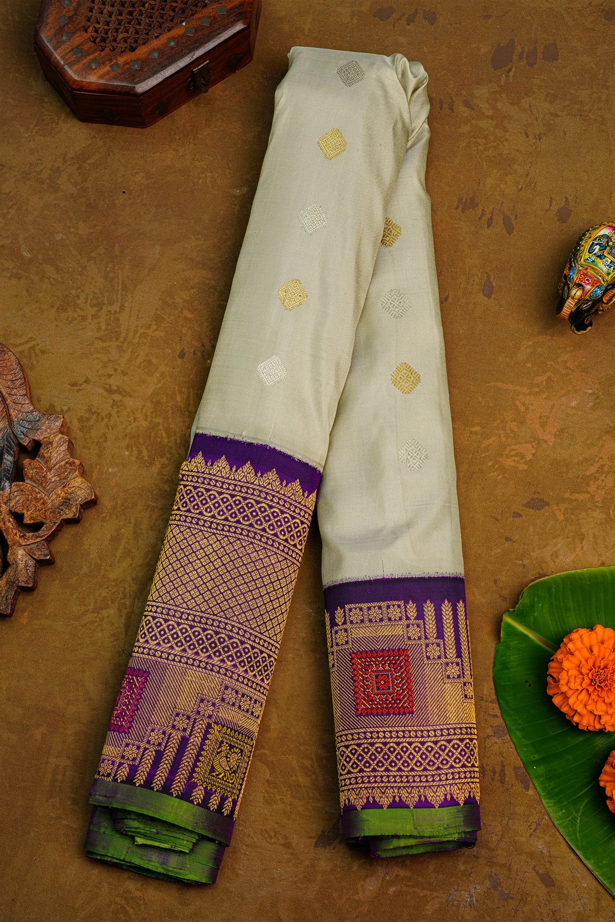 Gadwal Silk Off White Saree With Meenakari Violet Border