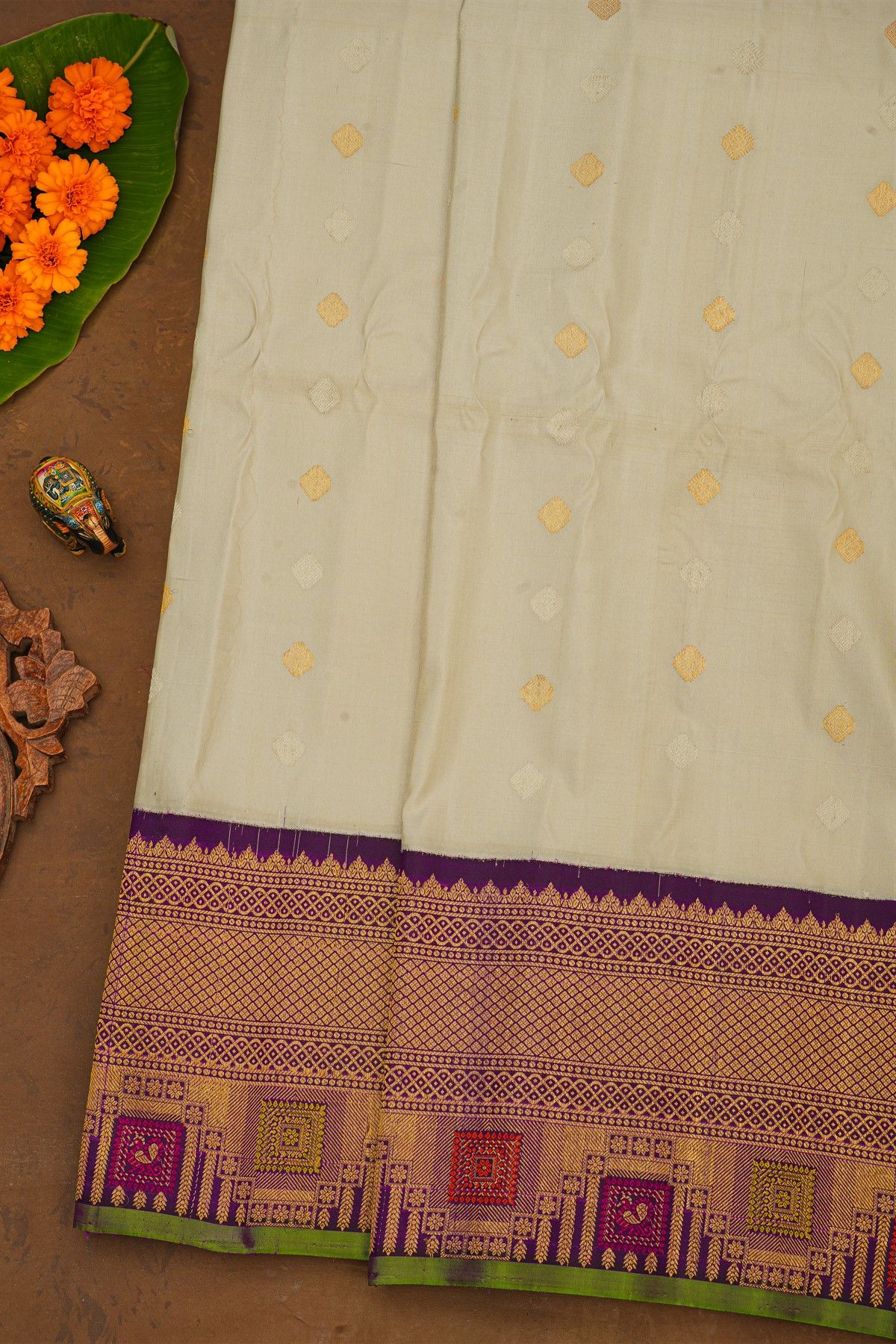 Gadwal Silk Off White Saree With Meenakari Violet Border