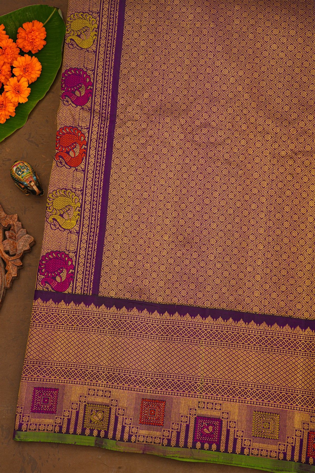 Gadwal Silk Off White Saree With Meenakari Violet Border