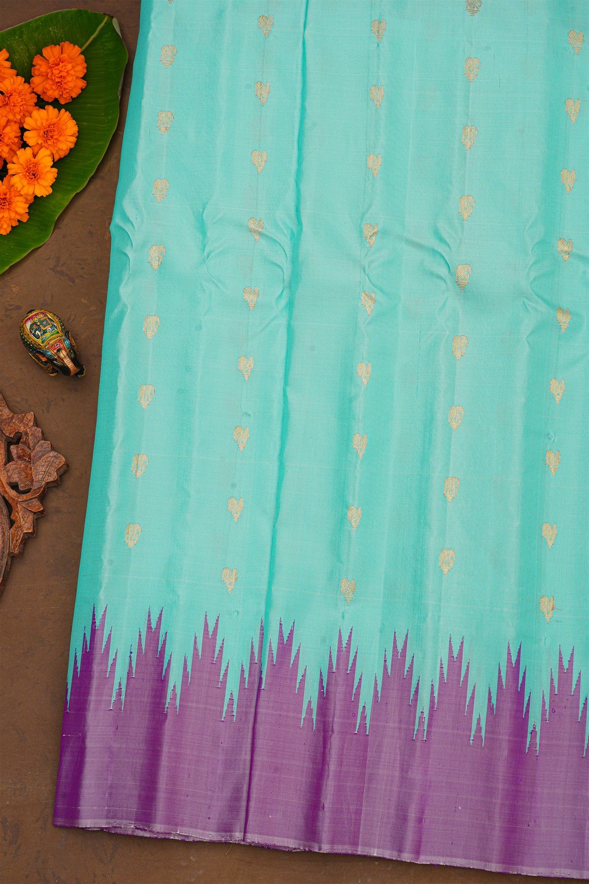 Gadwal Silk Mint Blue Saree With Temple Border