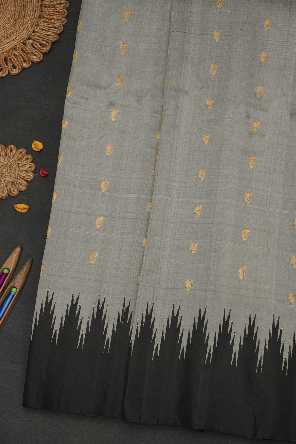 Gadwal Silk Slate Grey Saree With Peacock Buttis Body And Temple Border