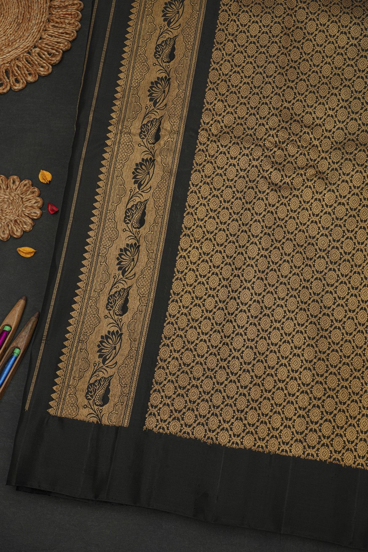 Gadwal Silk Slate Grey Saree With Peacock Buttis Body And Temple Border
