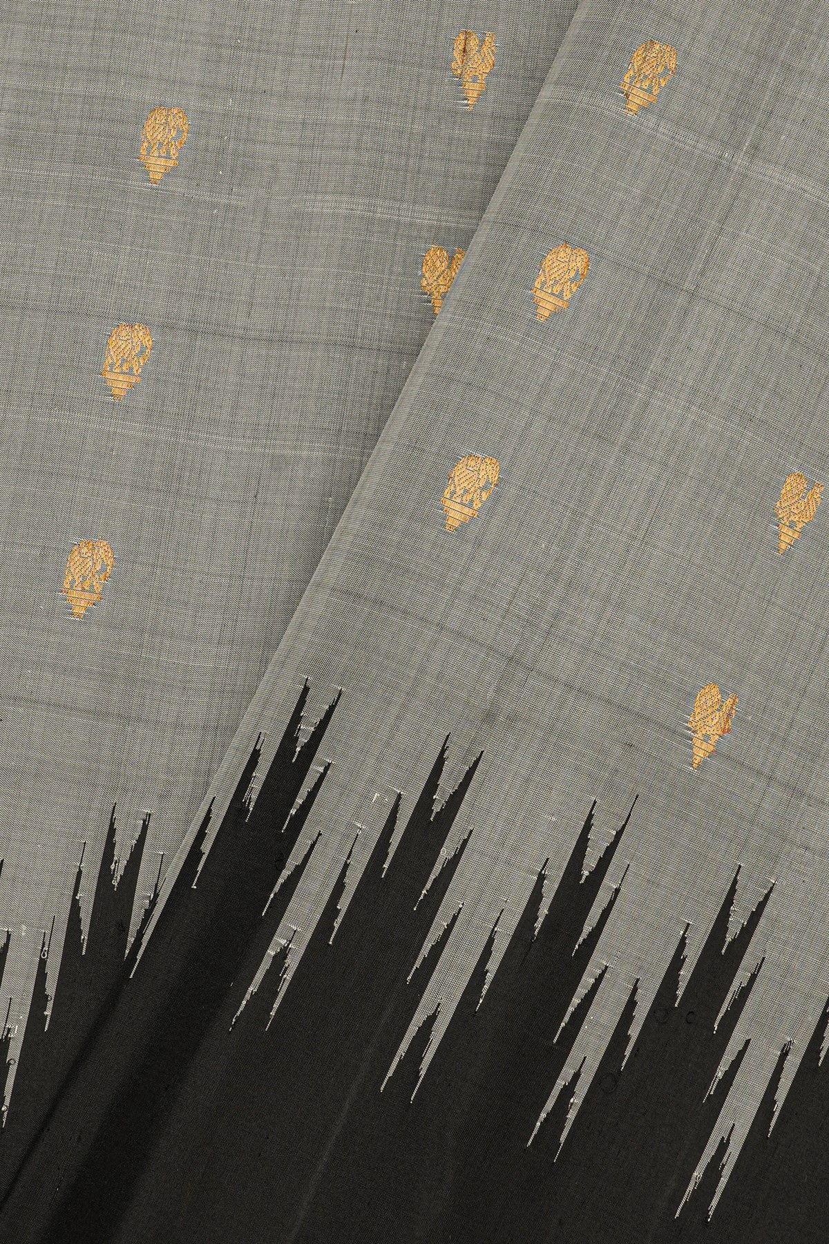 Gadwal Silk Slate Grey Saree With Peacock Buttis Body And Temple Border