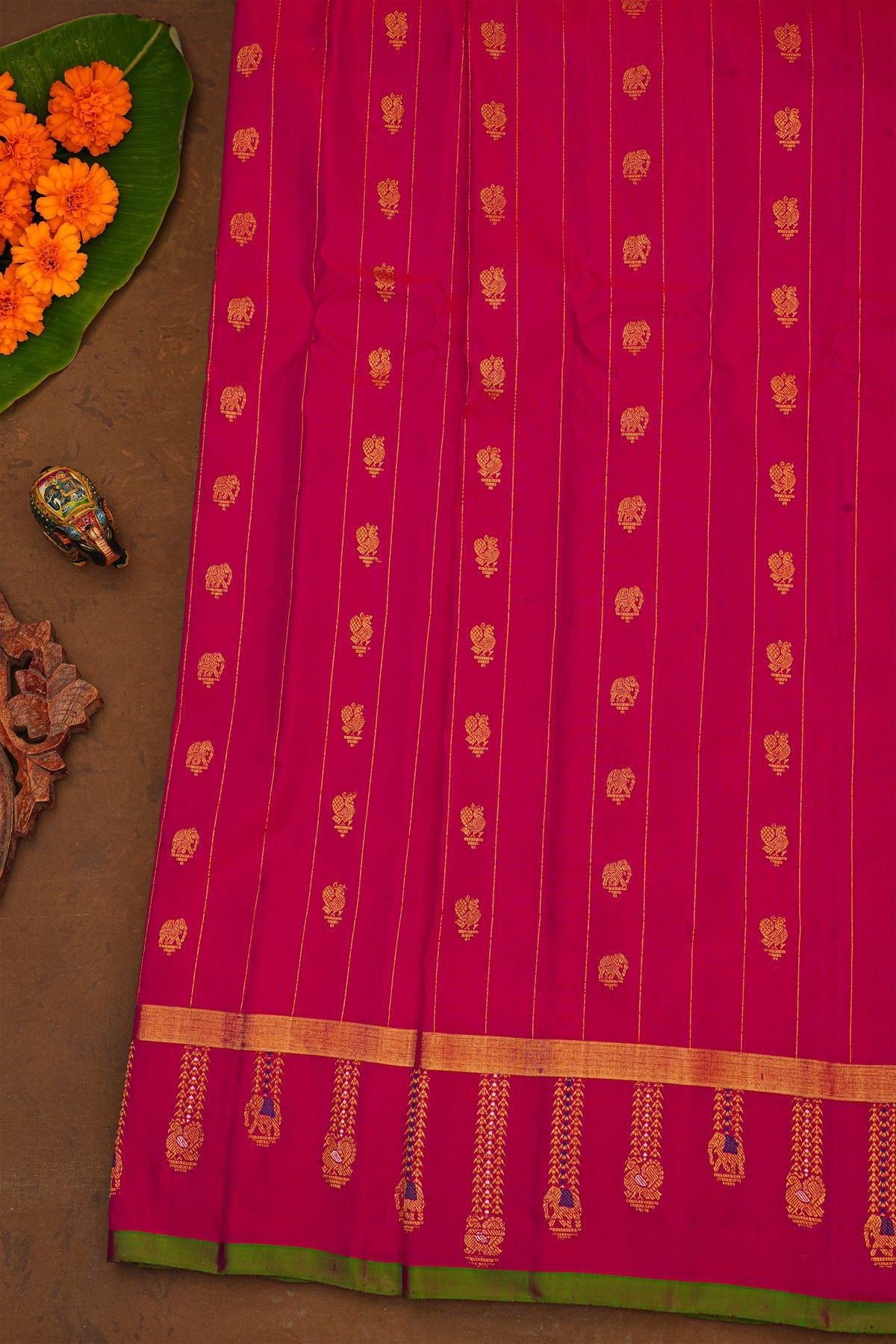 Gadwal Silk Rani Pink Saree With Elephants And Peacocks Buttis Body And Kaddi With Peacocks And Elephants Border