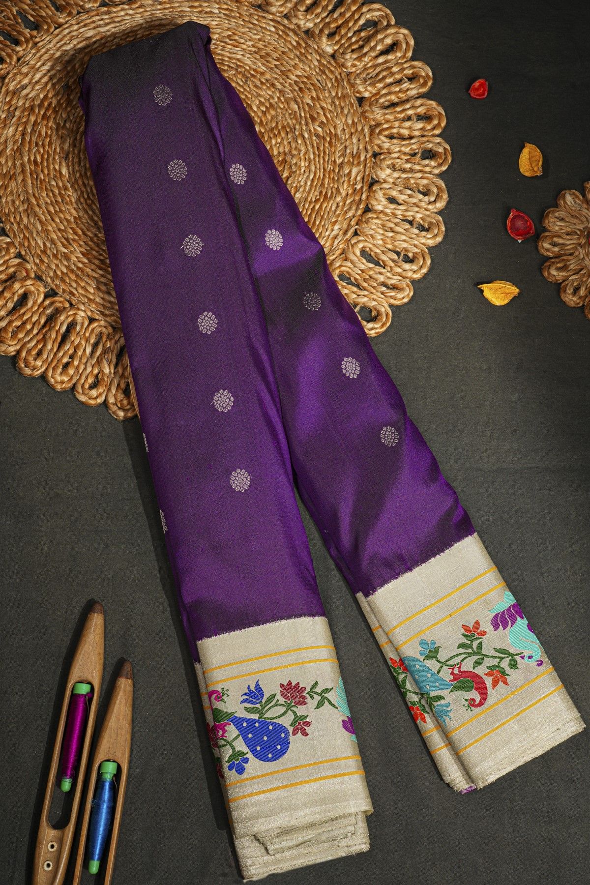 Gadwal Silk Violet Saree With Birds And Peacocks Border