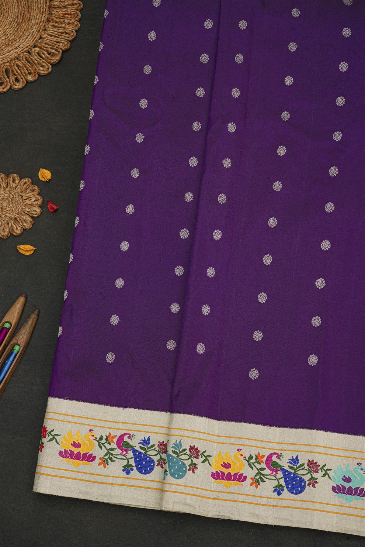Gadwal Silk Violet Saree With Birds And Peacocks Border