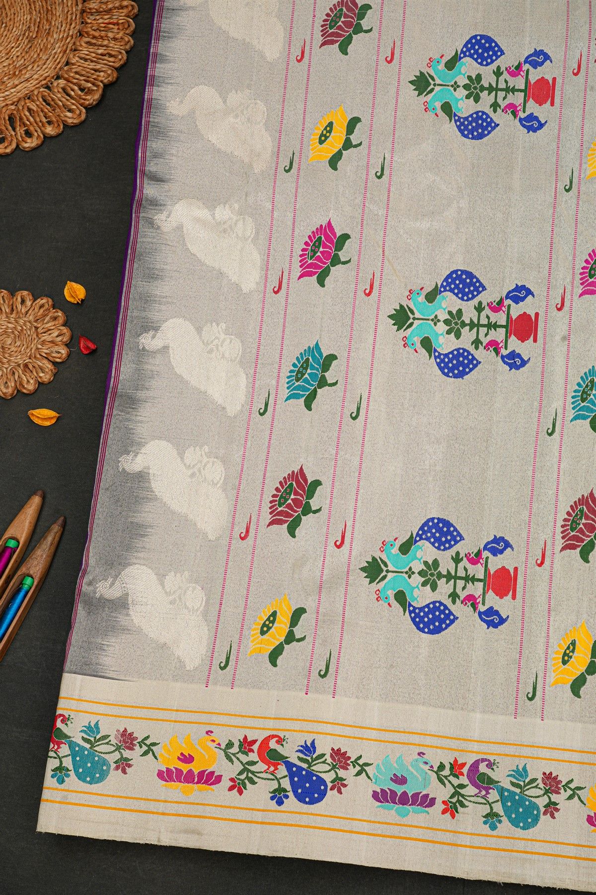 Gadwal Silk Violet Saree With Birds And Peacocks Border