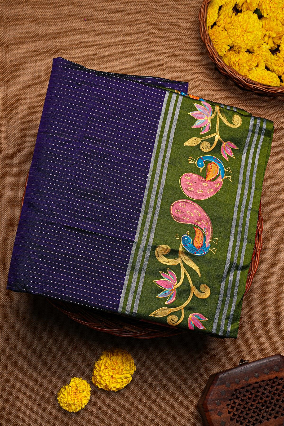 Coimbatore Soft Silk Navy Blue Saree With Brush Hand-Painted Florals And Peacocks Border