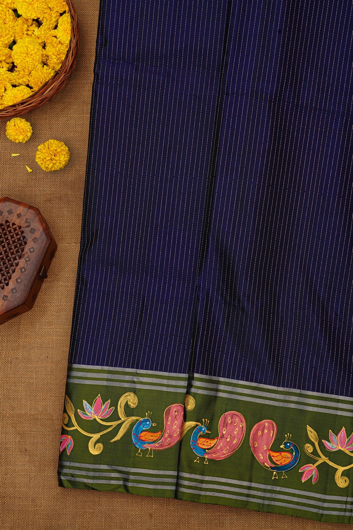 Coimbatore Soft Silk Navy Blue Saree With Brush Hand-Painted Florals And Peacocks Border