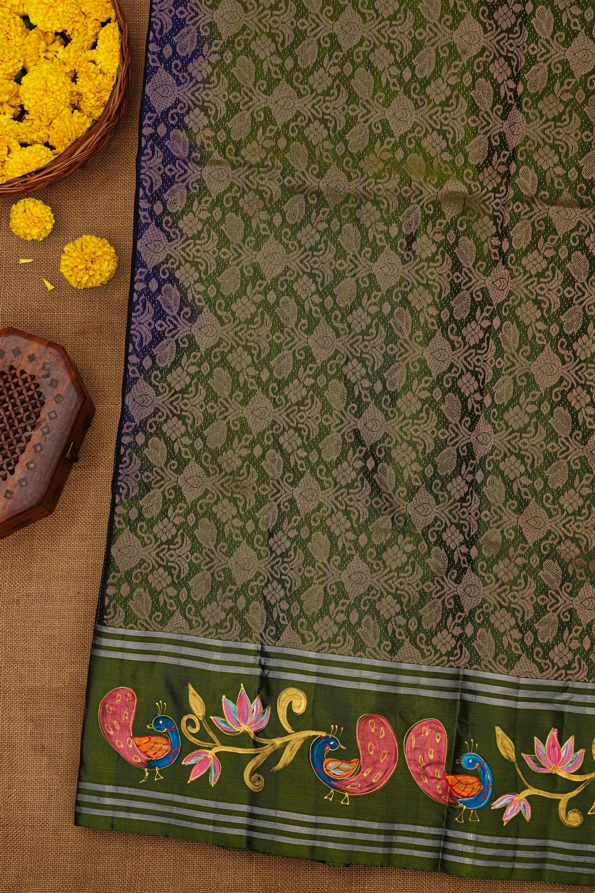 Coimbatore Soft Silk Navy Blue Saree With Brush Hand-Painted Florals And Peacocks Border