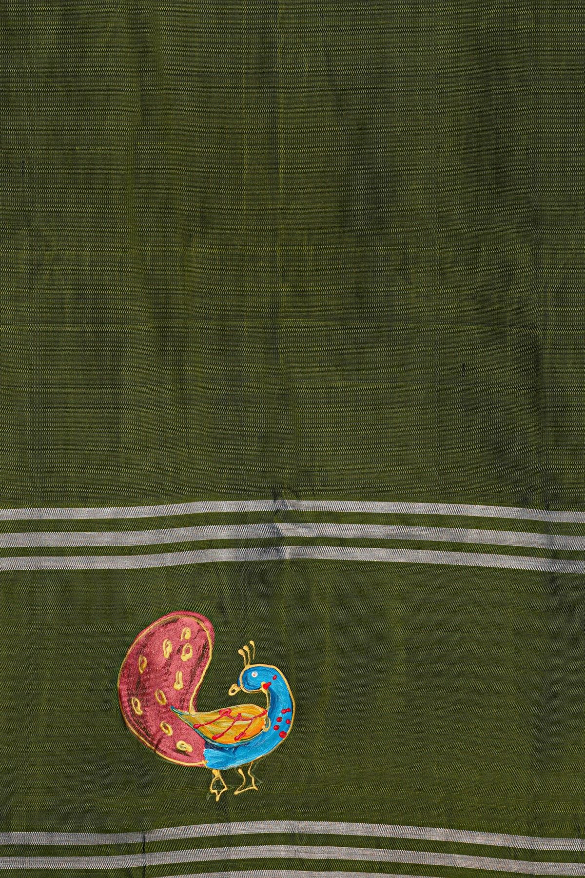 Coimbatore Soft Silk Navy Blue Saree With Brush Hand-Painted Florals And Peacocks Border