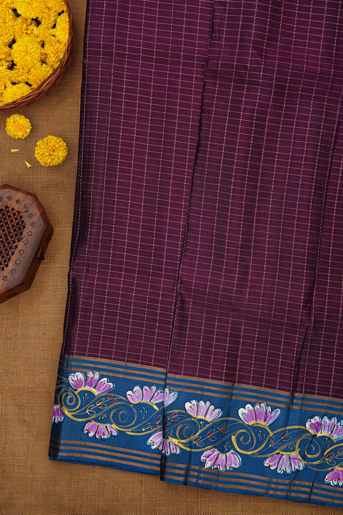 Coimbatore Soft Silk Wine Saree With Brush Hand-Painted Florals And Leaves Jaal Border