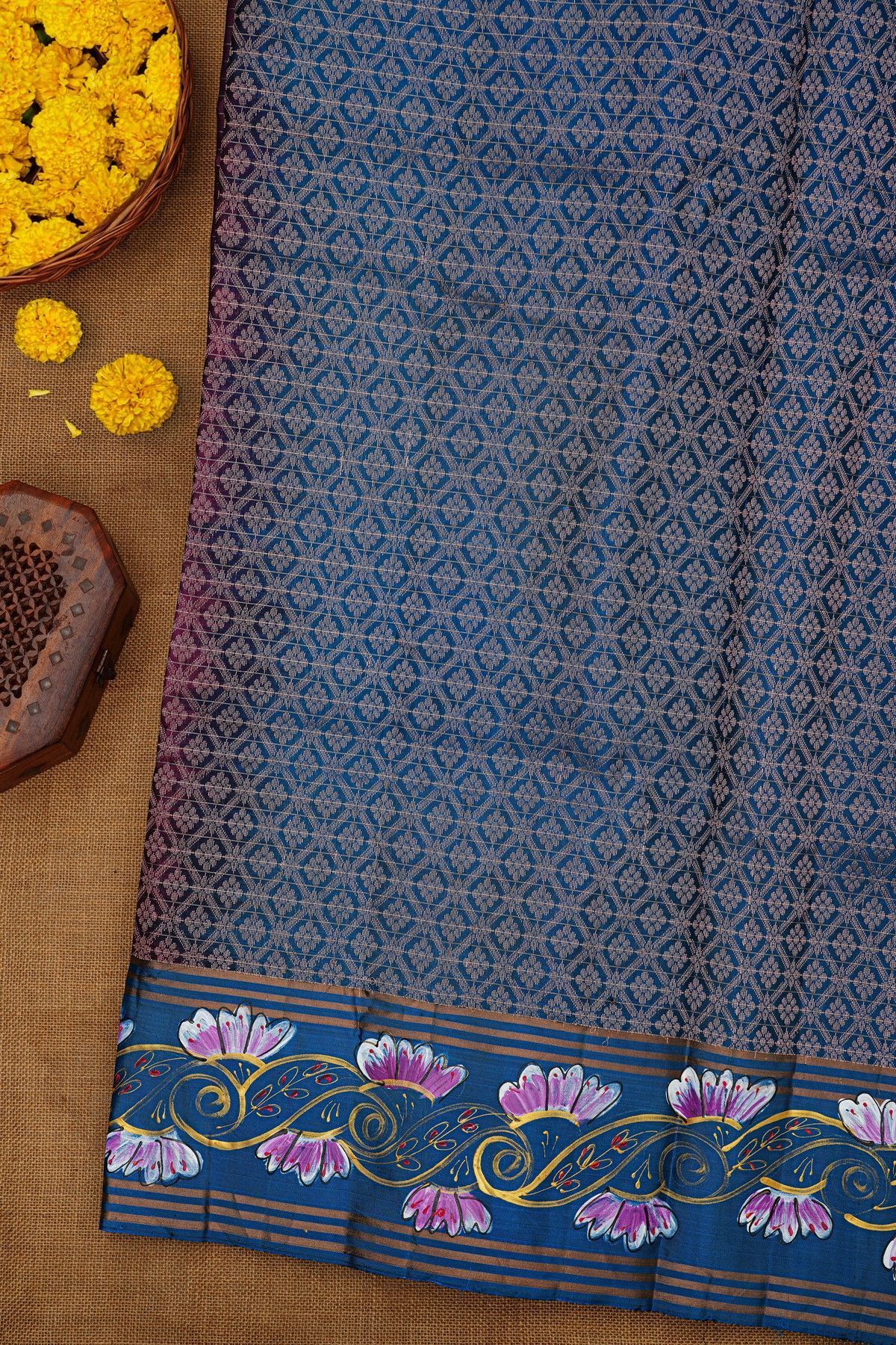 Coimbatore Soft Silk Wine Saree With Brush Hand-Painted Florals And Leaves Jaal Border