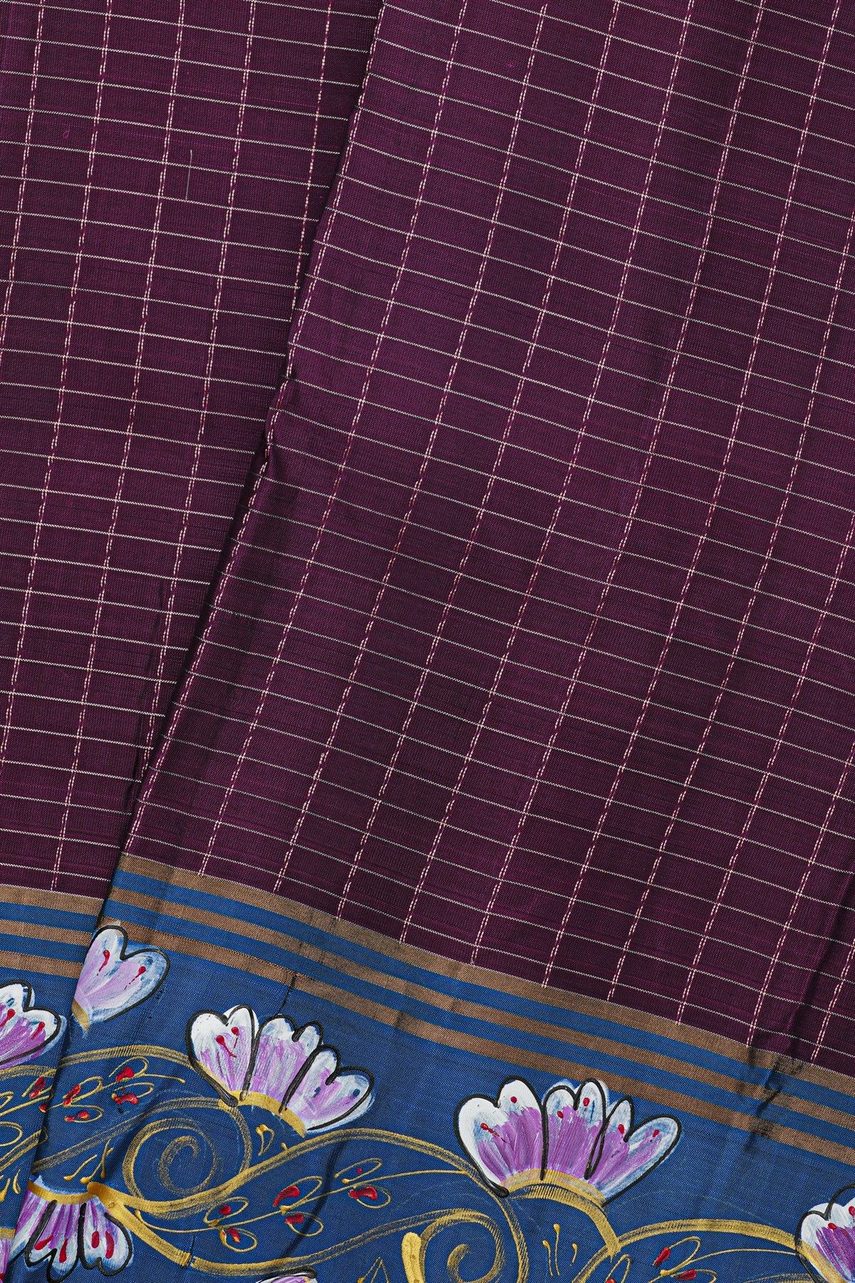 Coimbatore Soft Silk Wine Saree With Brush Hand-Painted Florals And Leaves Jaal Border