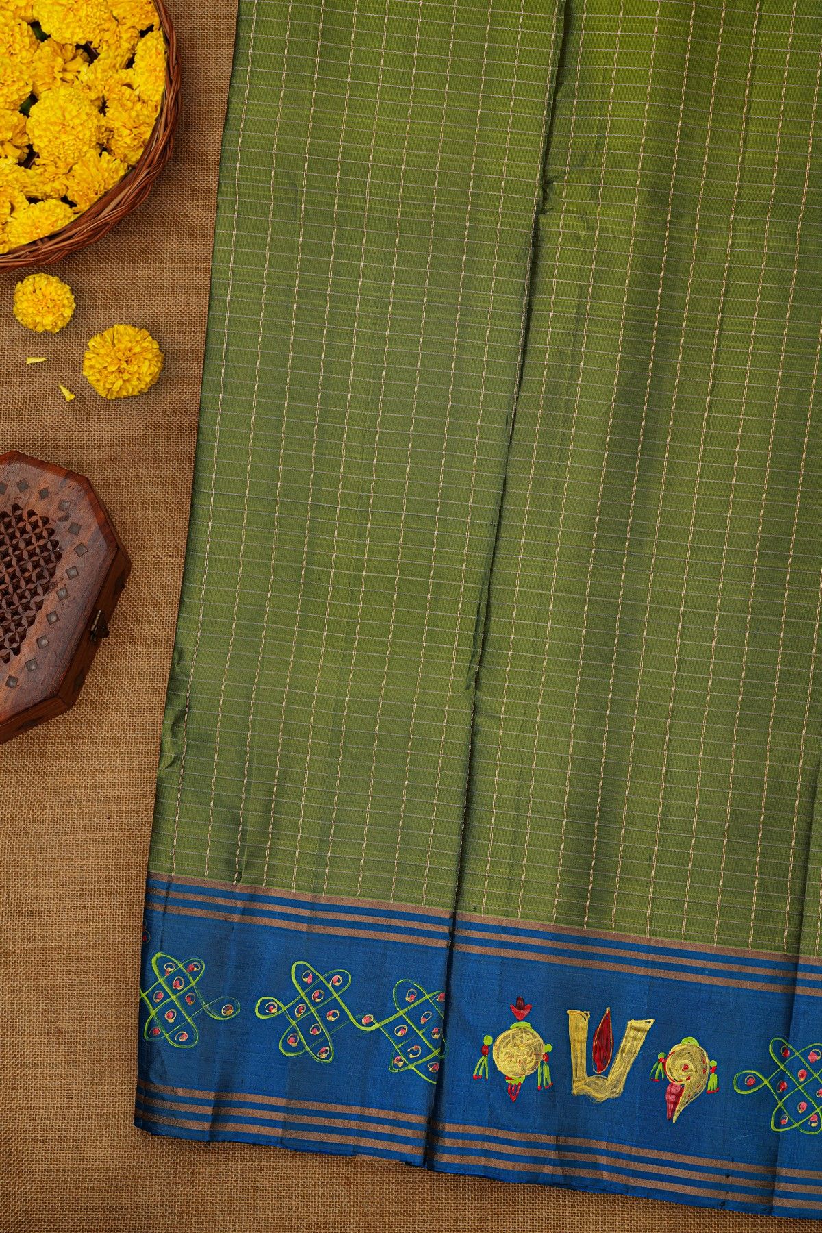 Coimbatore Soft Silk Mehendi Green Saree With Brush Hand-Painted Kolam Border