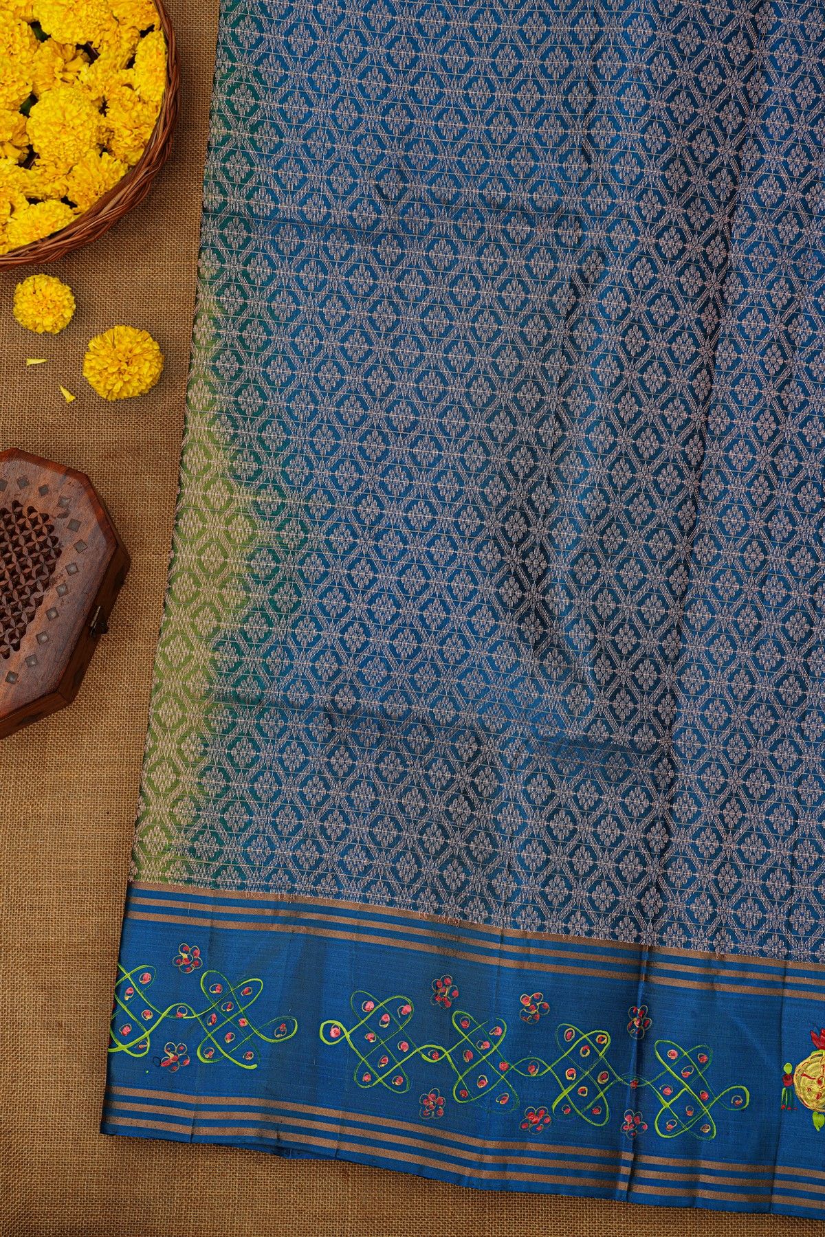 Coimbatore Soft Silk Mehendi Green Saree With Brush Hand-Painted Kolam Border