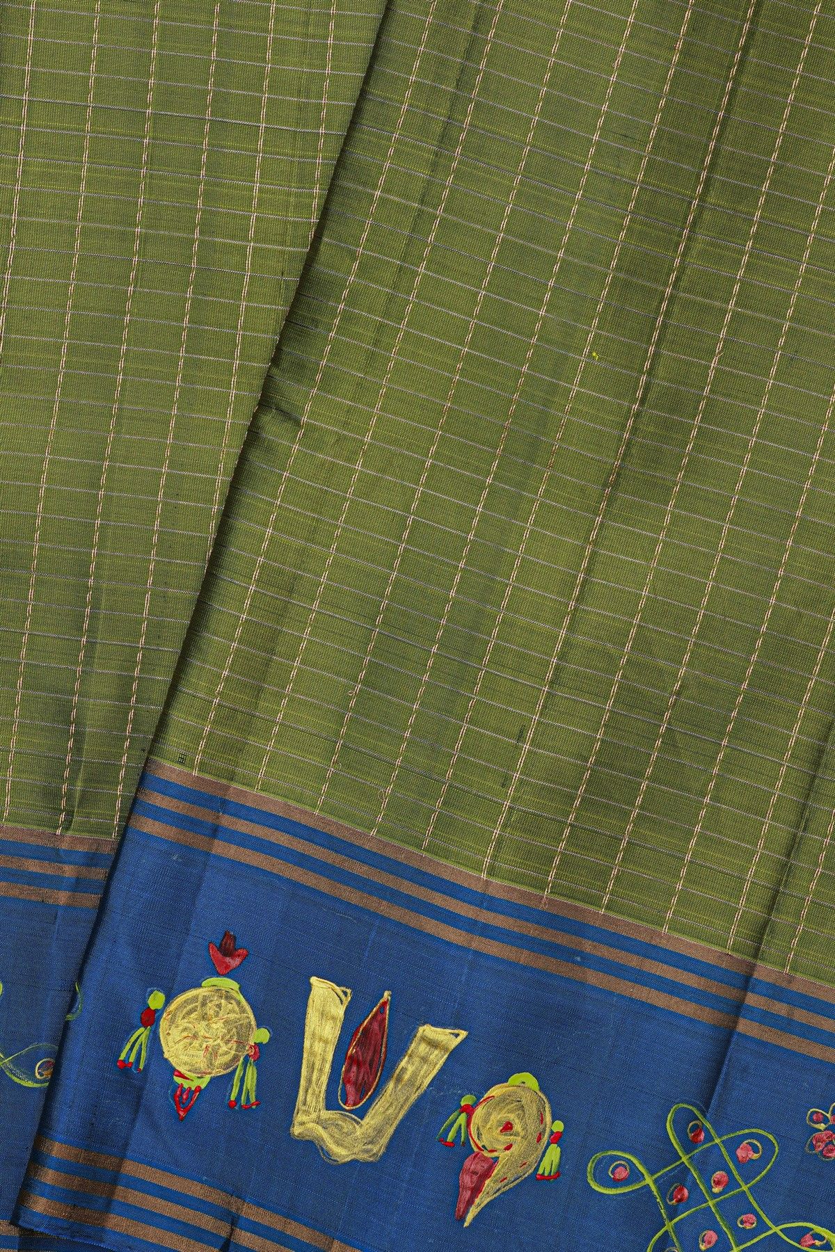 Coimbatore Soft Silk Mehendi Green Saree With Brush Hand-Painted Kolam Border
