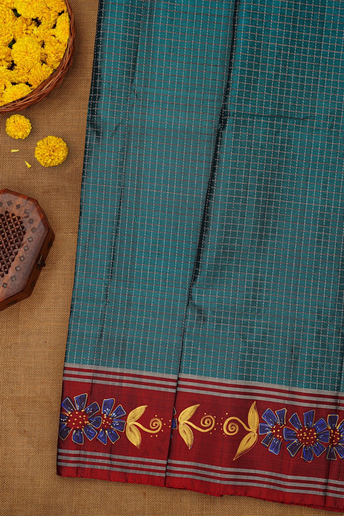 Coimbatore Soft Silk Teal Blue Saree With Brush Hand-Painted Florals And Leaves Jaal Border
