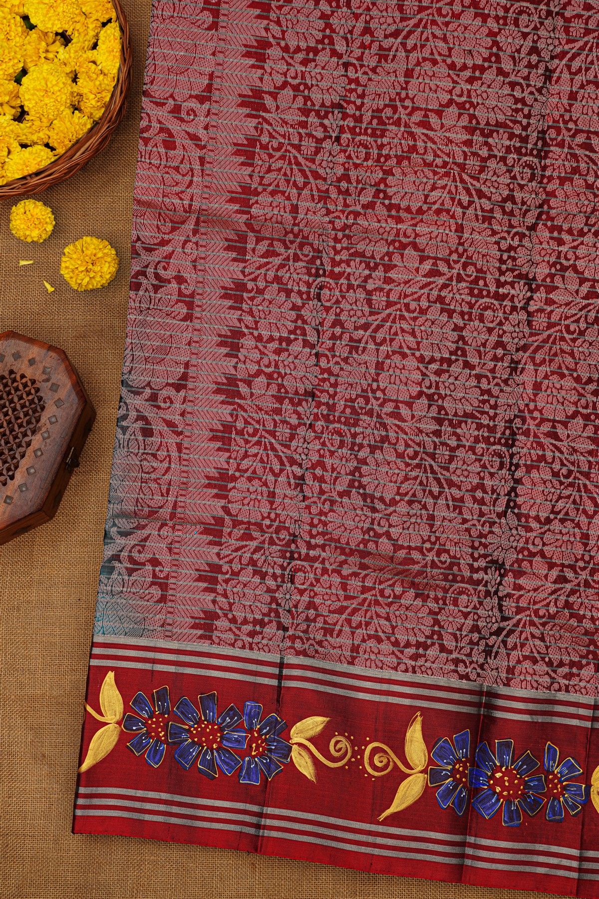 Coimbatore Soft Silk Teal Blue Saree With Brush Hand-Painted Florals And Leaves Jaal Border