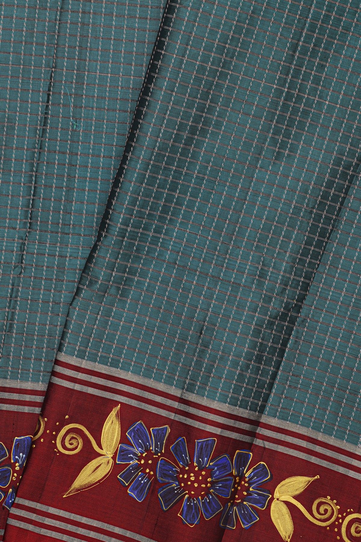 Coimbatore Soft Silk Teal Blue Saree With Brush Hand-Painted Florals And Leaves Jaal Border