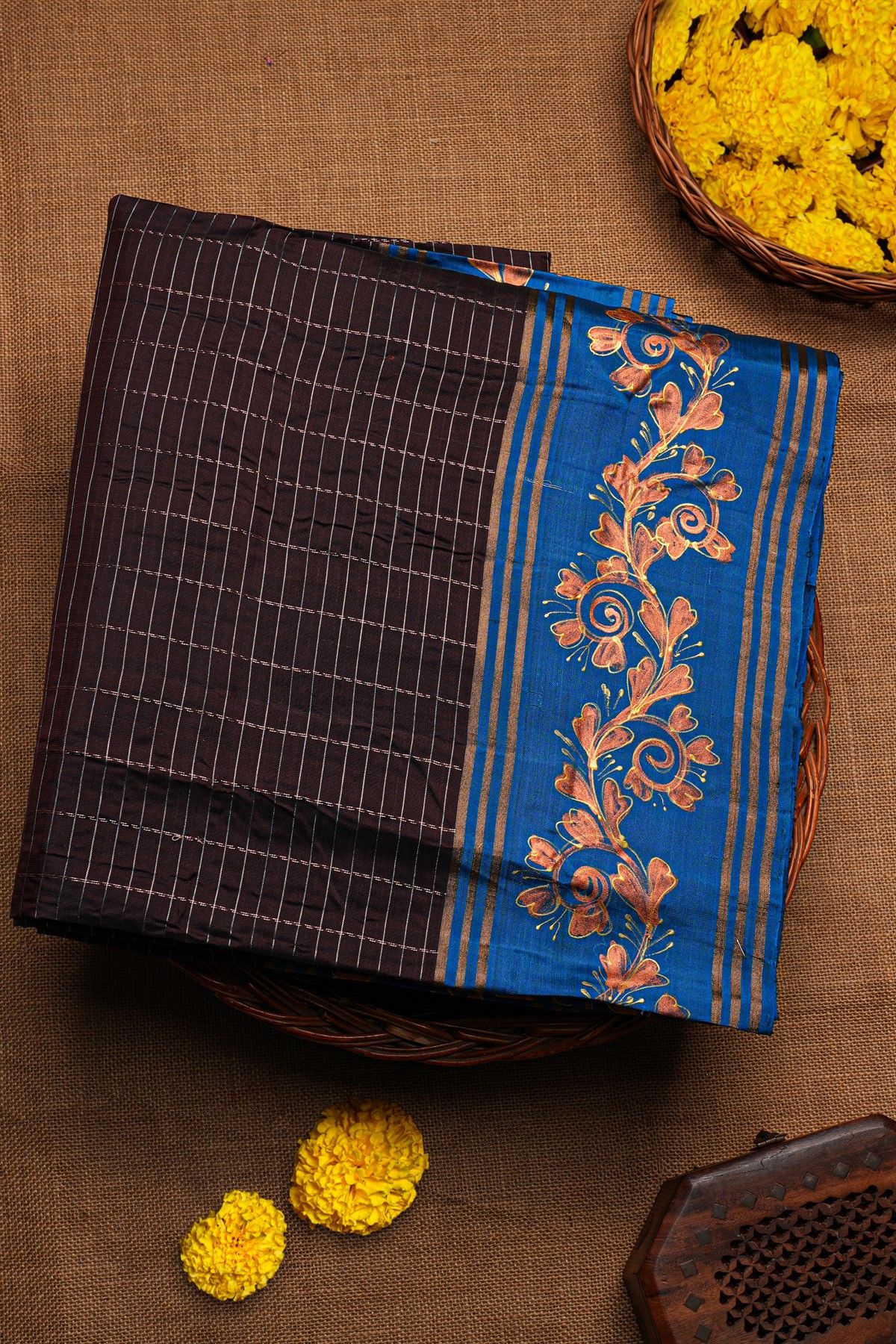 Coimbatore Soft Silk Brown Saree With Brush Hand-Painted Florals And Elephants Border