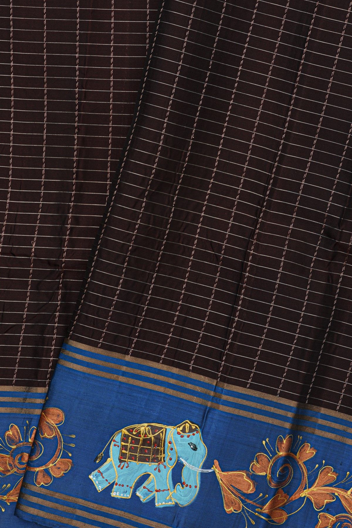 Coimbatore Soft Silk Brown Saree With Brush Hand-Painted Florals And Elephants Border