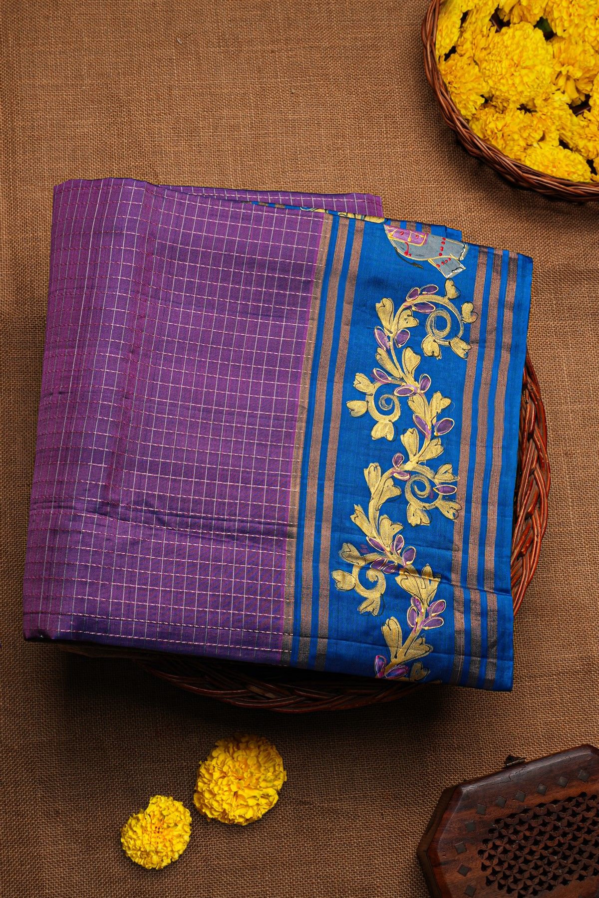 Coimbatore Soft Silk Purple Saree With Brush Hand-Painted Florals And Elephants Border