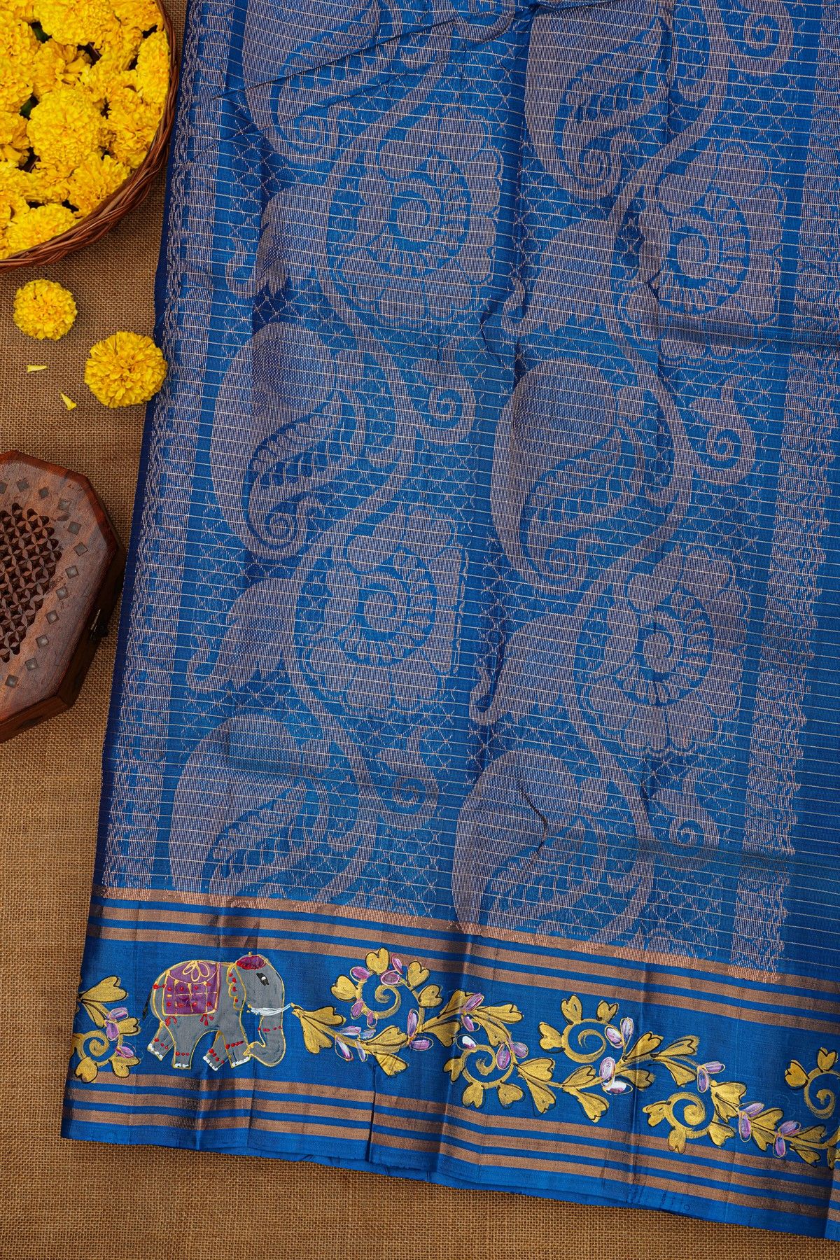 Coimbatore Soft Silk Purple Saree With Brush Hand-Painted Florals And Elephants Border