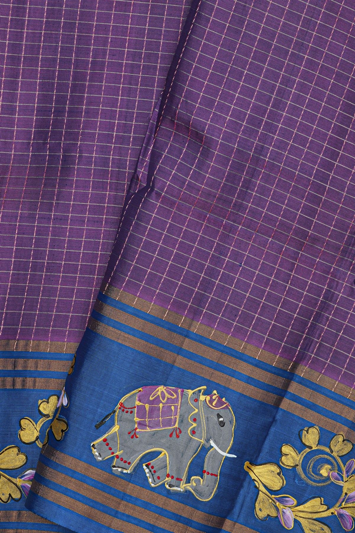 Coimbatore Soft Silk Purple Saree With Brush Hand-Painted Florals And Elephants Border