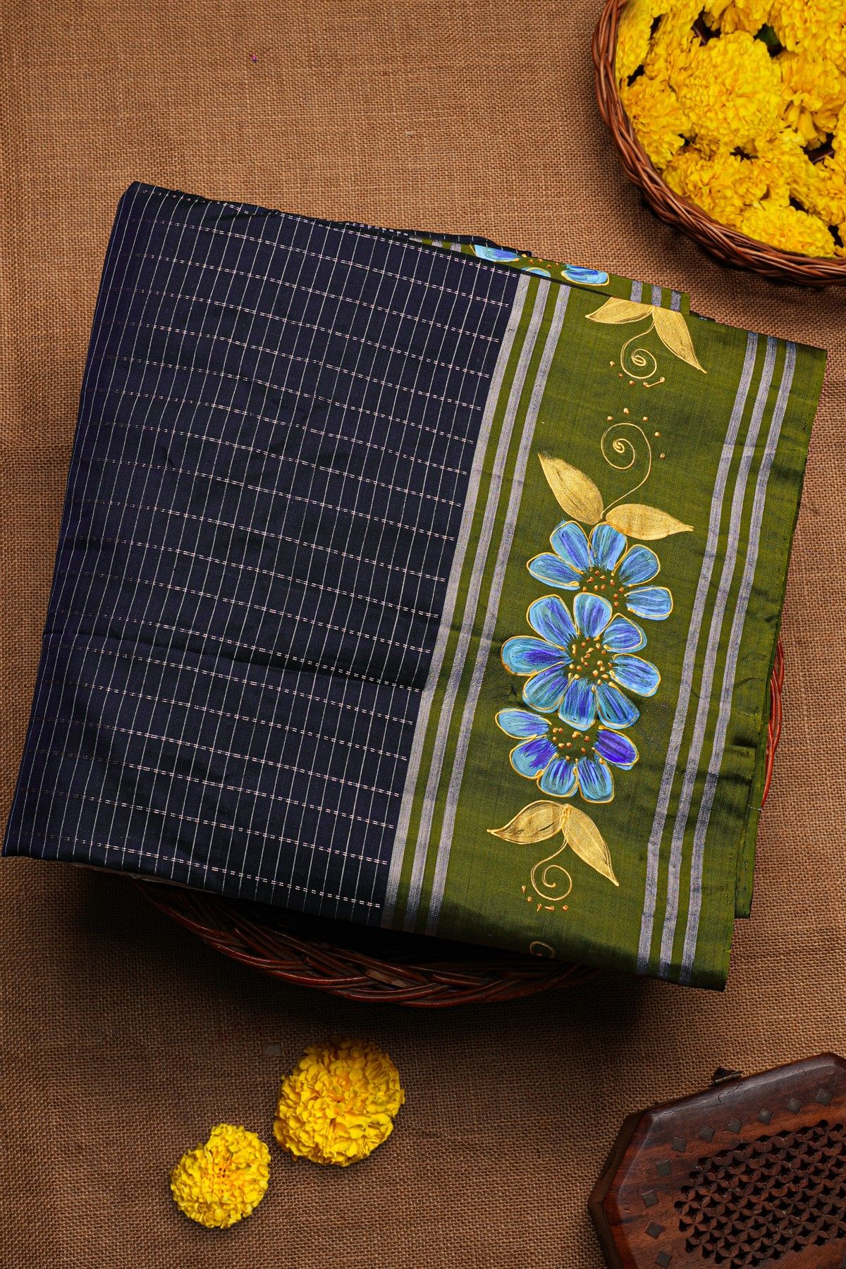 Coimbatore Soft Silk Navy Blue Saree With Brush Hand-Painted Florals Border