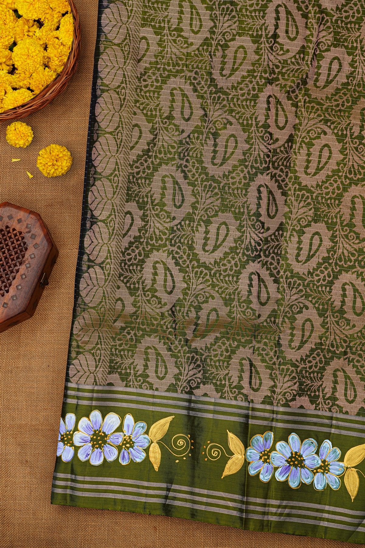 Coimbatore Soft Silk Navy Blue Saree With Brush Hand-Painted Florals Border