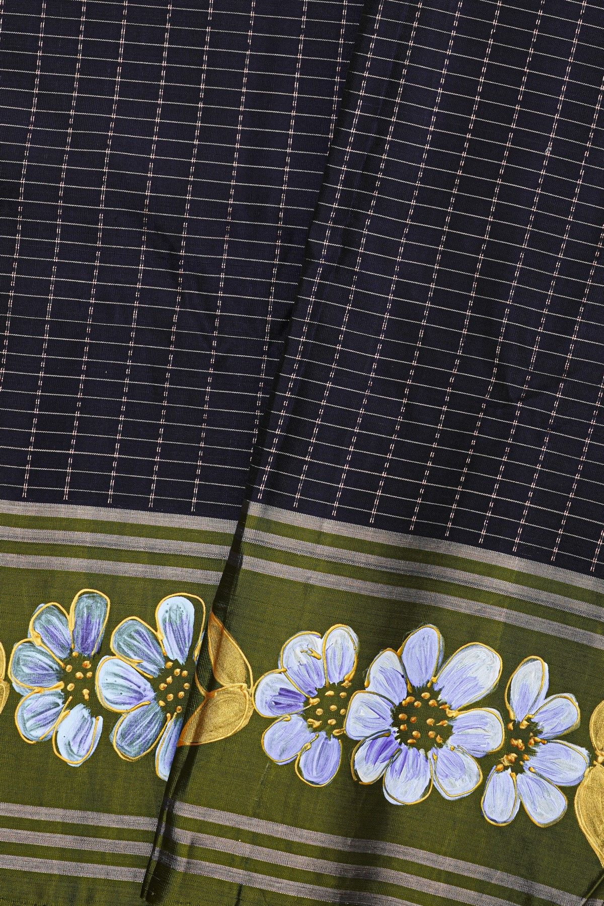 Coimbatore Soft Silk Navy Blue Saree With Brush Hand-Painted Florals Border