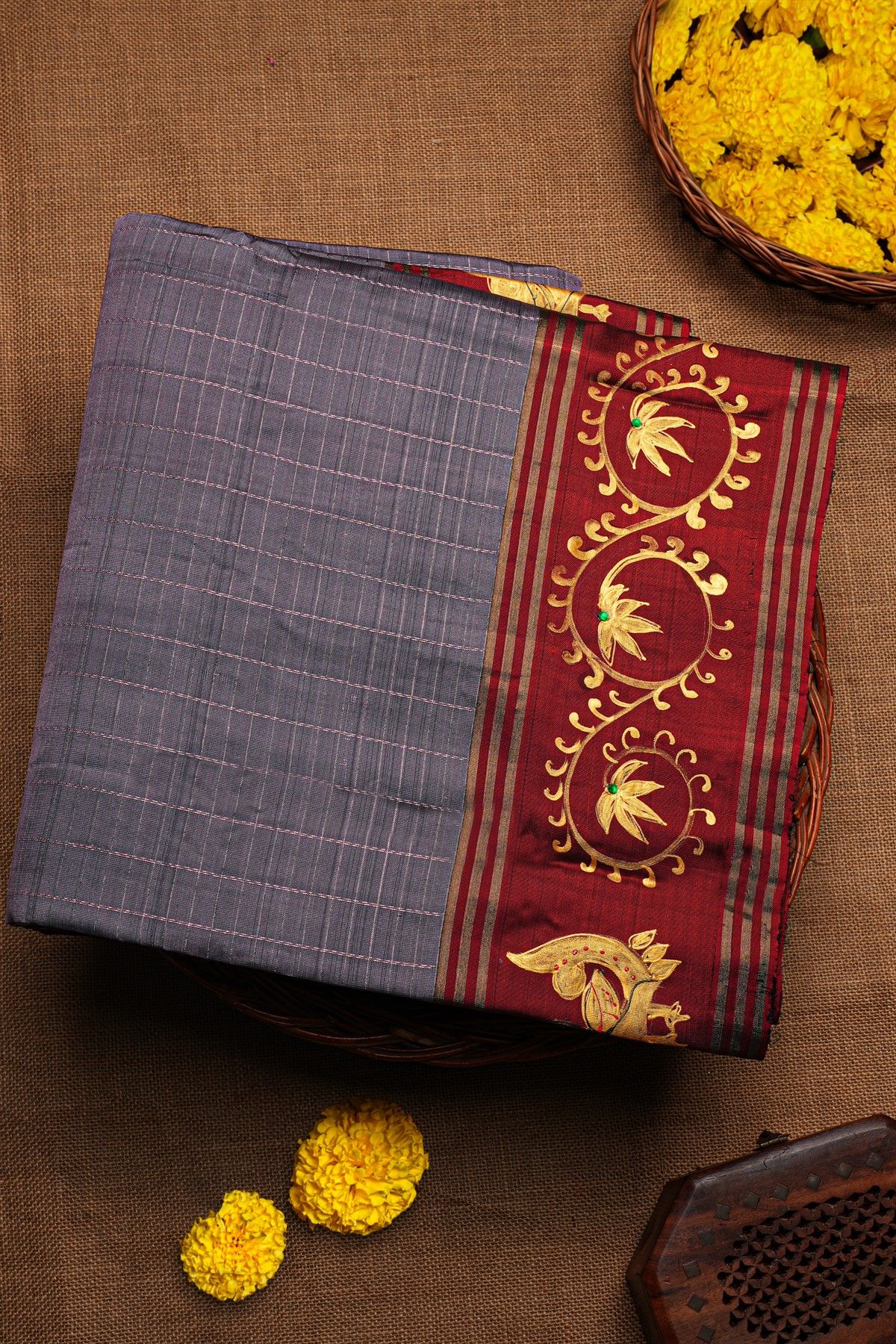 Coimbatore Soft Silk Grey Saree With Brush Hand-Painted Florals And Peacocks Border