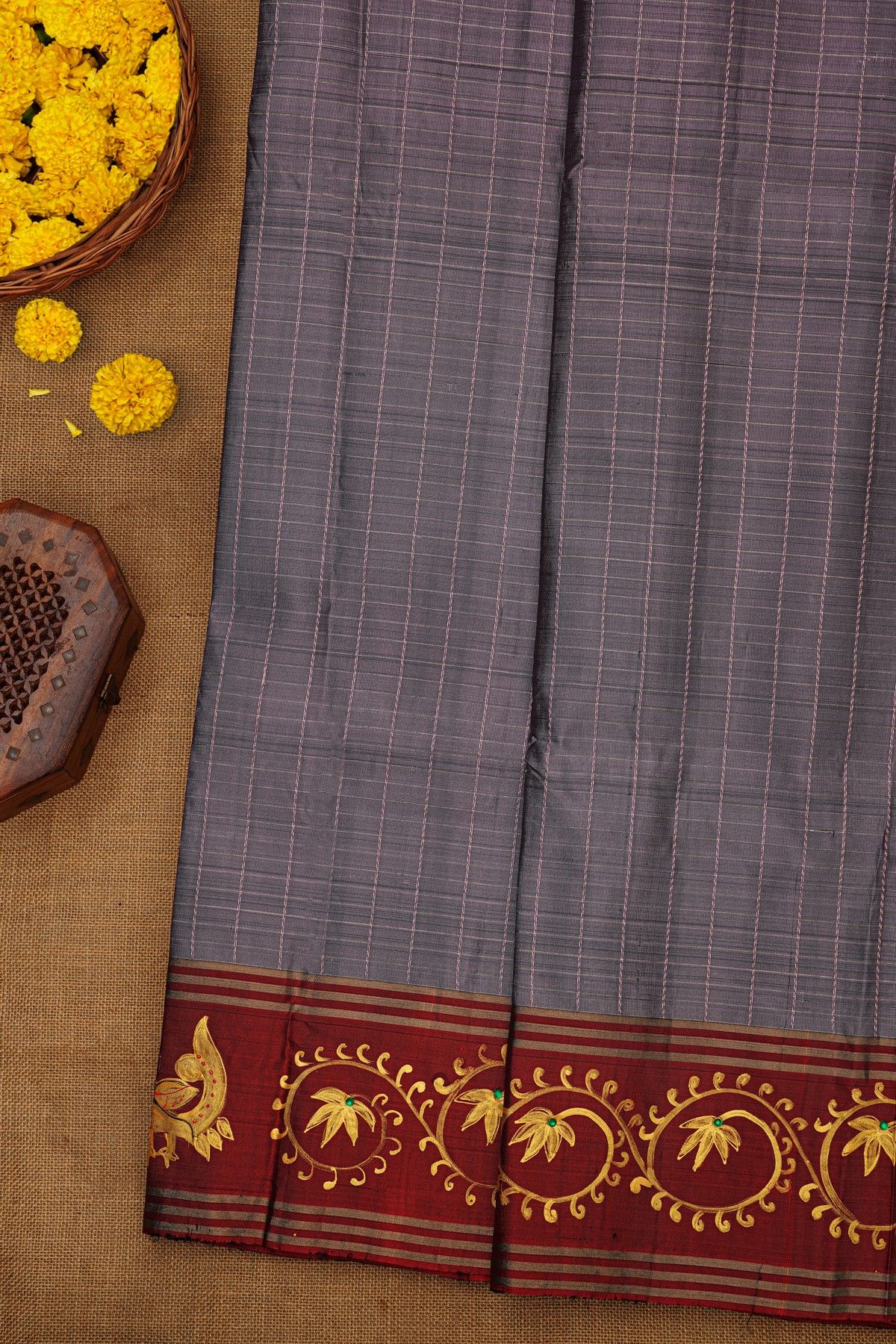 Coimbatore Soft Silk Grey Saree With Brush Hand-Painted Florals And Peacocks Border