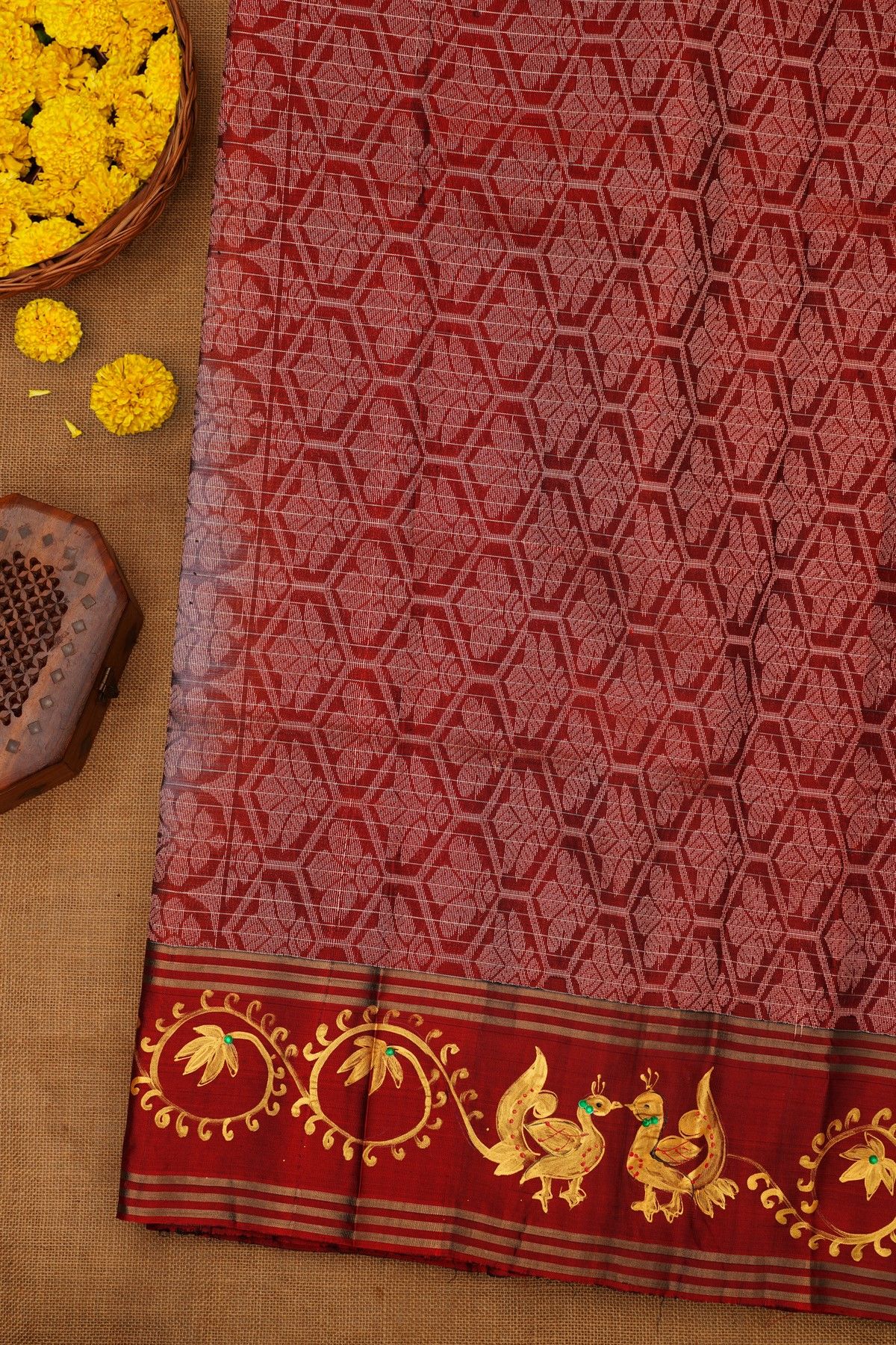 Coimbatore Soft Silk Grey Saree With Brush Hand-Painted Florals And Peacocks Border