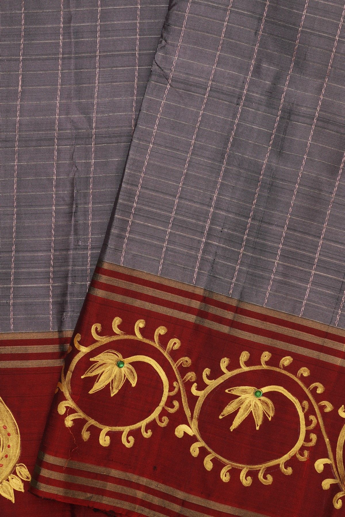 Coimbatore Soft Silk Grey Saree With Brush Hand-Painted Florals And Peacocks Border