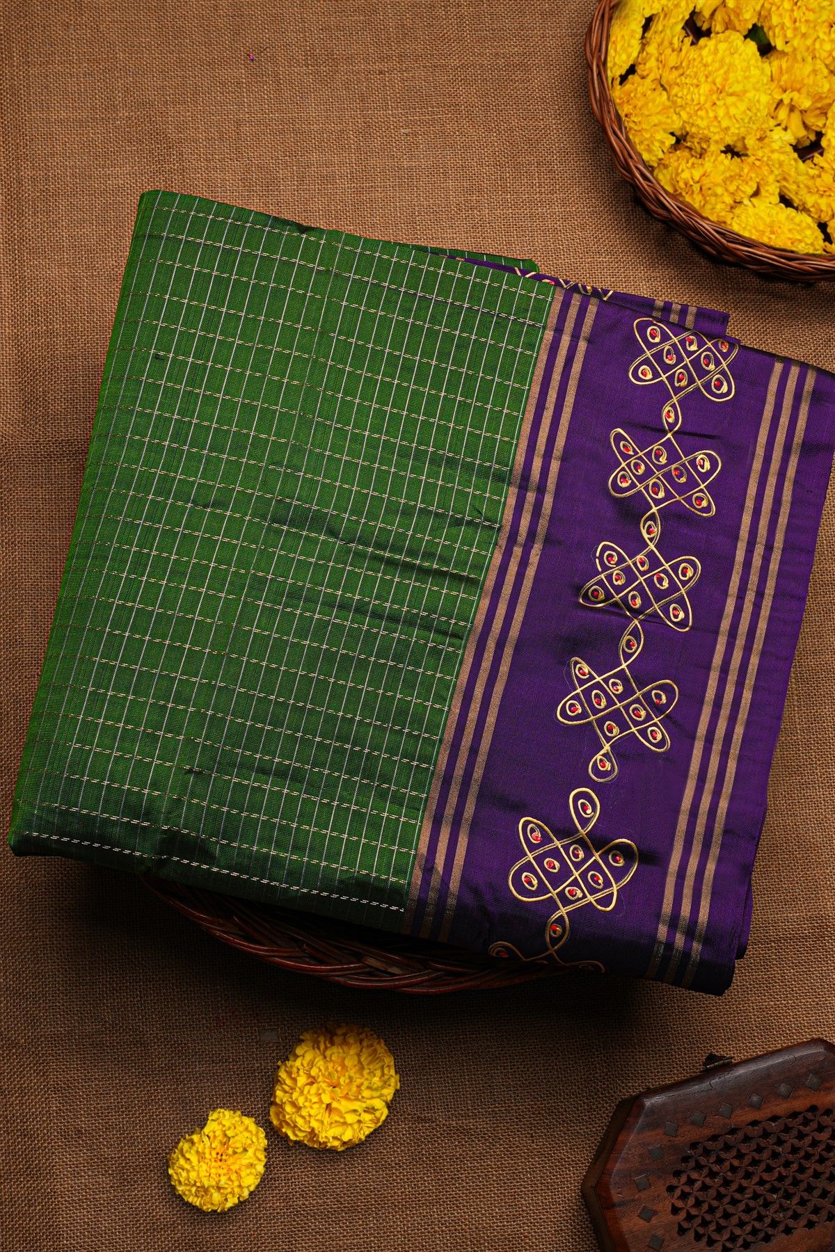 Coimbatore Soft Silk Green Saree With Brush Hand-Painted Kolam Border