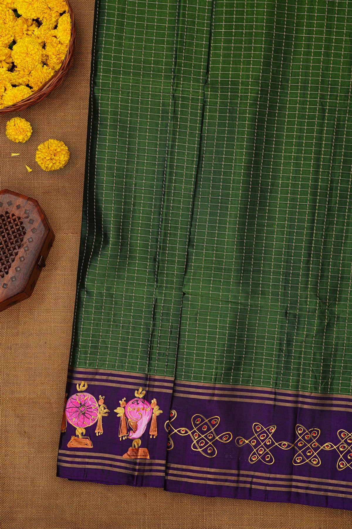 Coimbatore Soft Silk Green Saree With Brush Hand-Painted Kolam Border