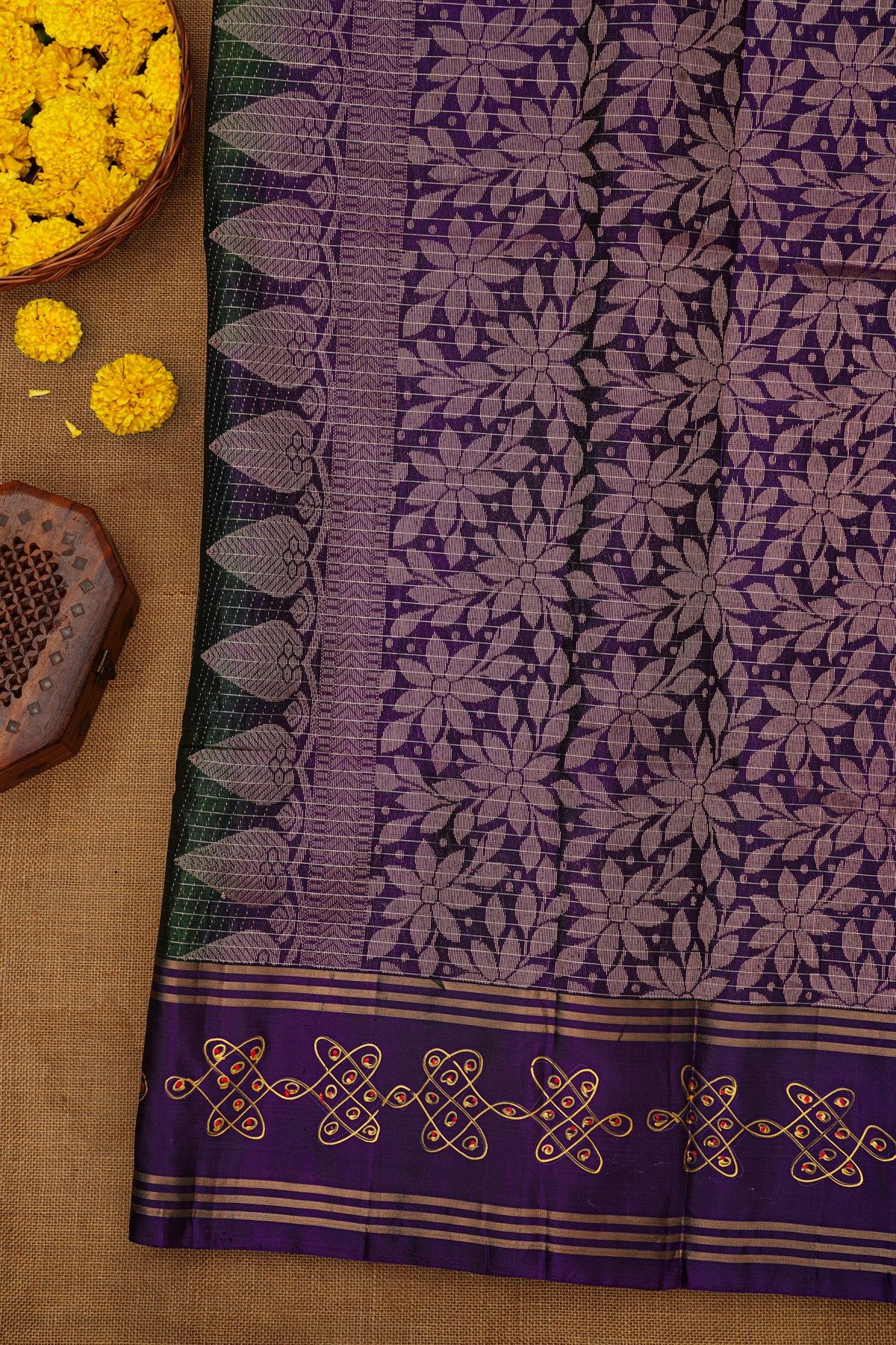 Coimbatore Soft Silk Green Saree With Brush Hand-Painted Kolam Border