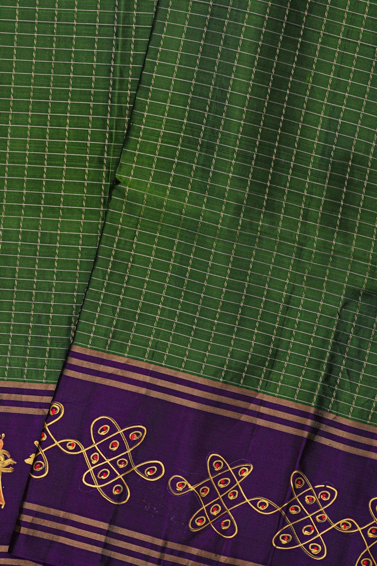 Coimbatore Soft Silk Green Saree With Brush Hand-Painted Kolam Border