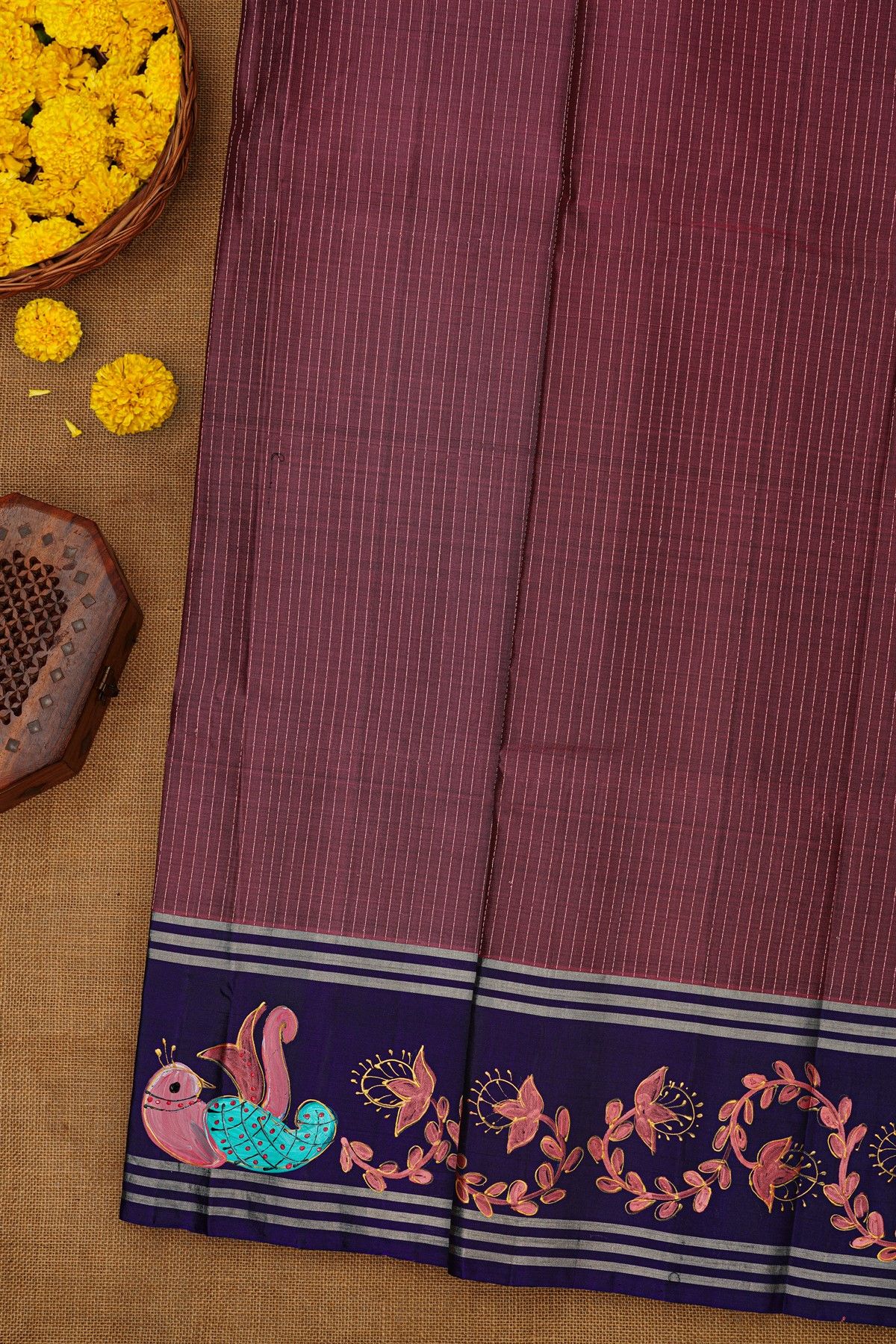 Coimbatore Soft Silk Wine Saree With Brush Hand-Painted Florals And Peacocks Border