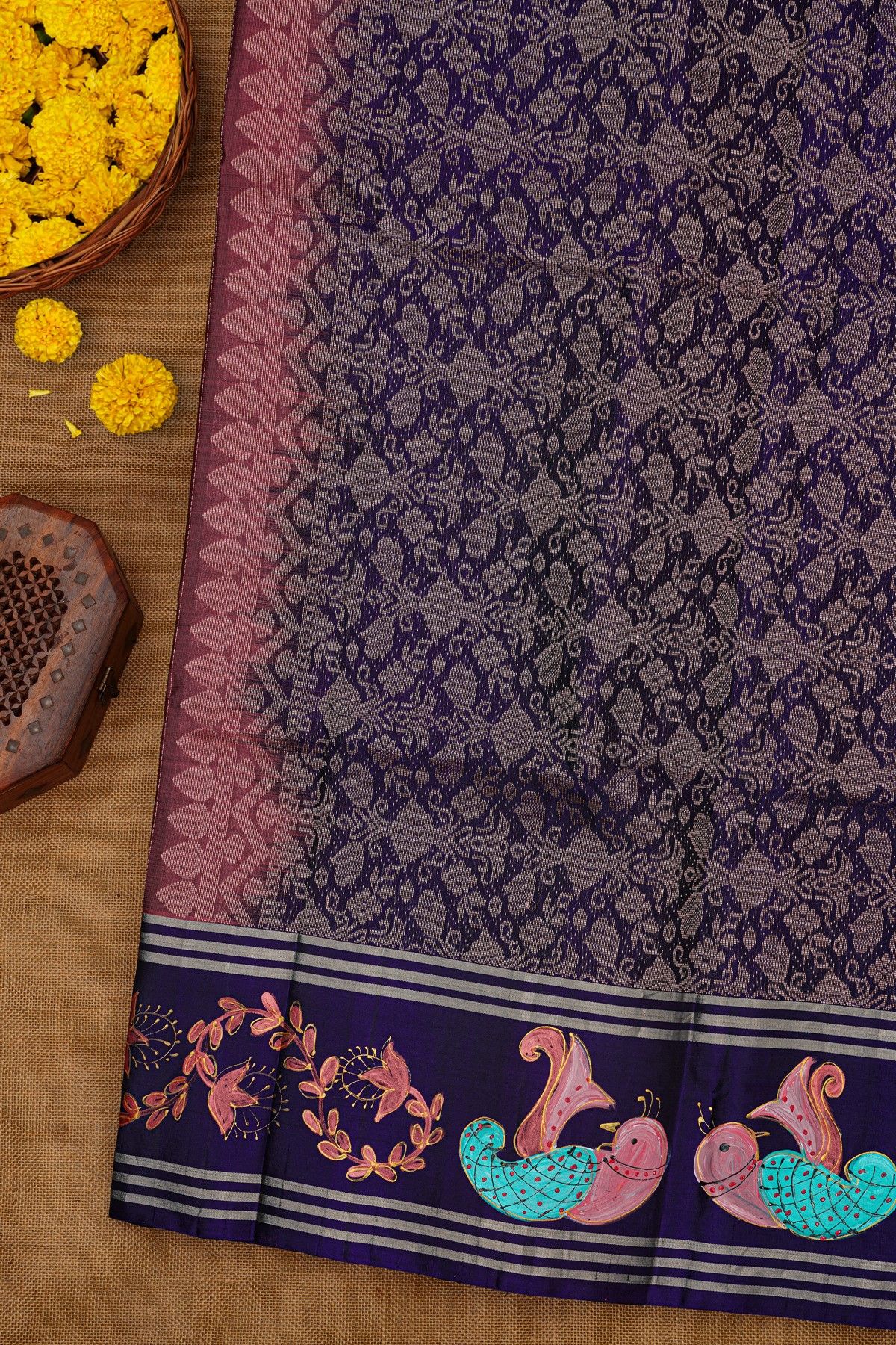 Coimbatore Soft Silk Wine Saree With Brush Hand-Painted Florals And Peacocks Border
