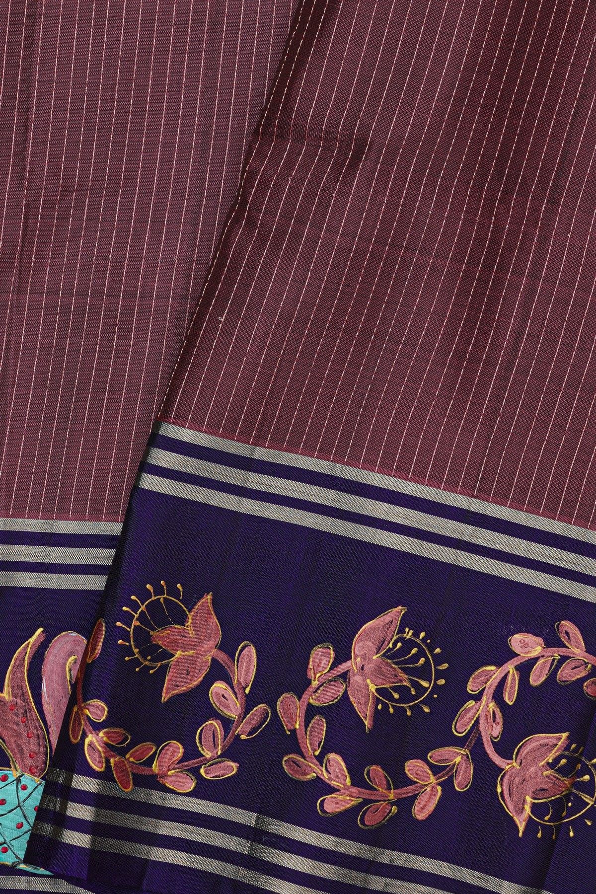 Coimbatore Soft Silk Wine Saree With Brush Hand-Painted Florals And Peacocks Border