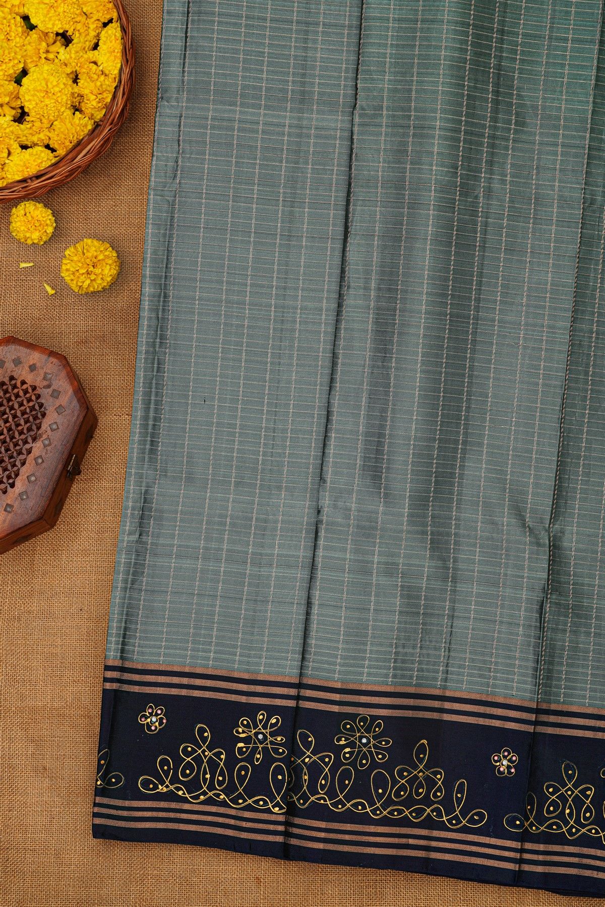 Coimbatore Soft Silk Grey Saree With Brush Hand-Painted Kolam Border