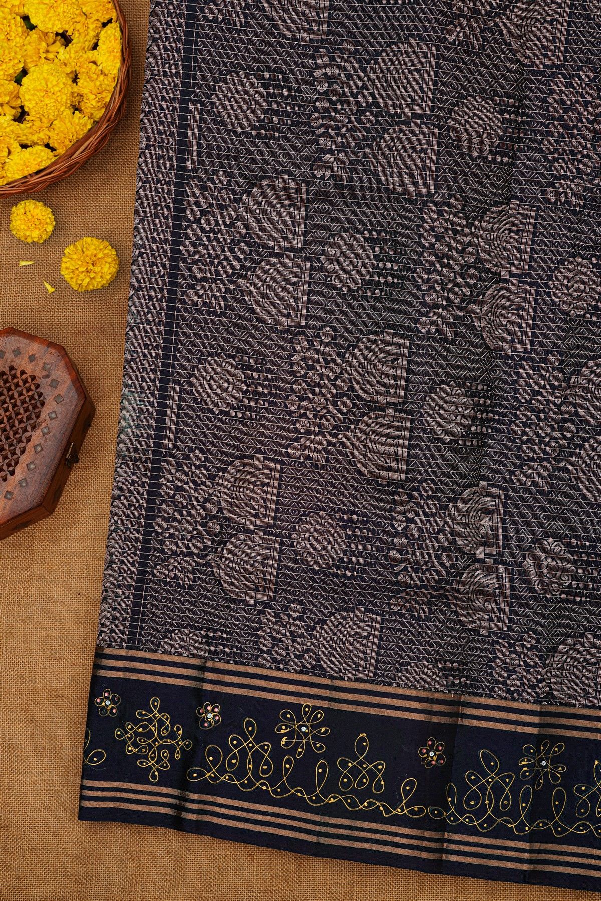 Coimbatore Soft Silk Grey Saree With Brush Hand-Painted Kolam Border