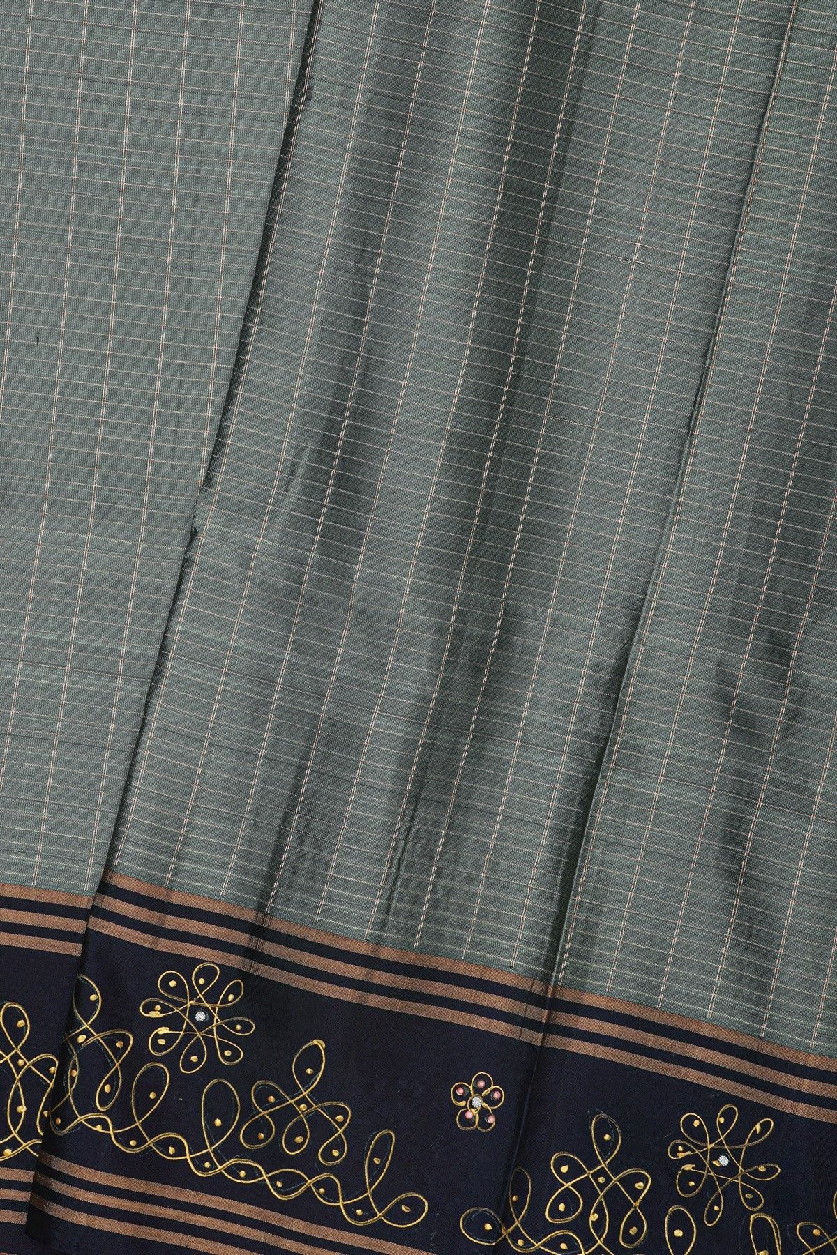 Coimbatore Soft Silk Grey Saree With Brush Hand-Painted Kolam Border