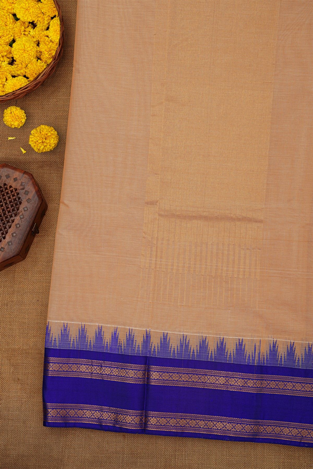 Khaadi Peach Saree With Florals And Temples Border