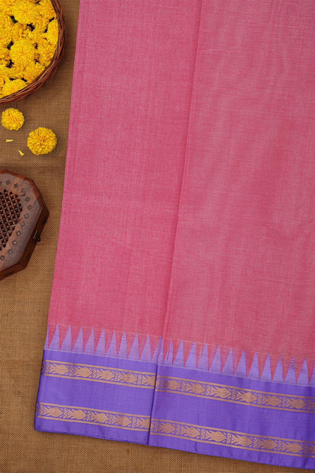 Khaadi Silk Pink Saree With Florals And Temples Border